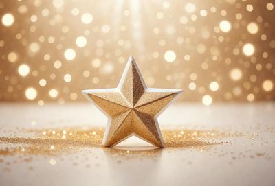 The primary subject of the image is a gold star, which is the main object, scene, or focus of the image. The setting/background features a white surface, and the visual style is a photo. The colors and mood of the image are predominantly gold and warm, creating a festive and celebratory atmosphere.